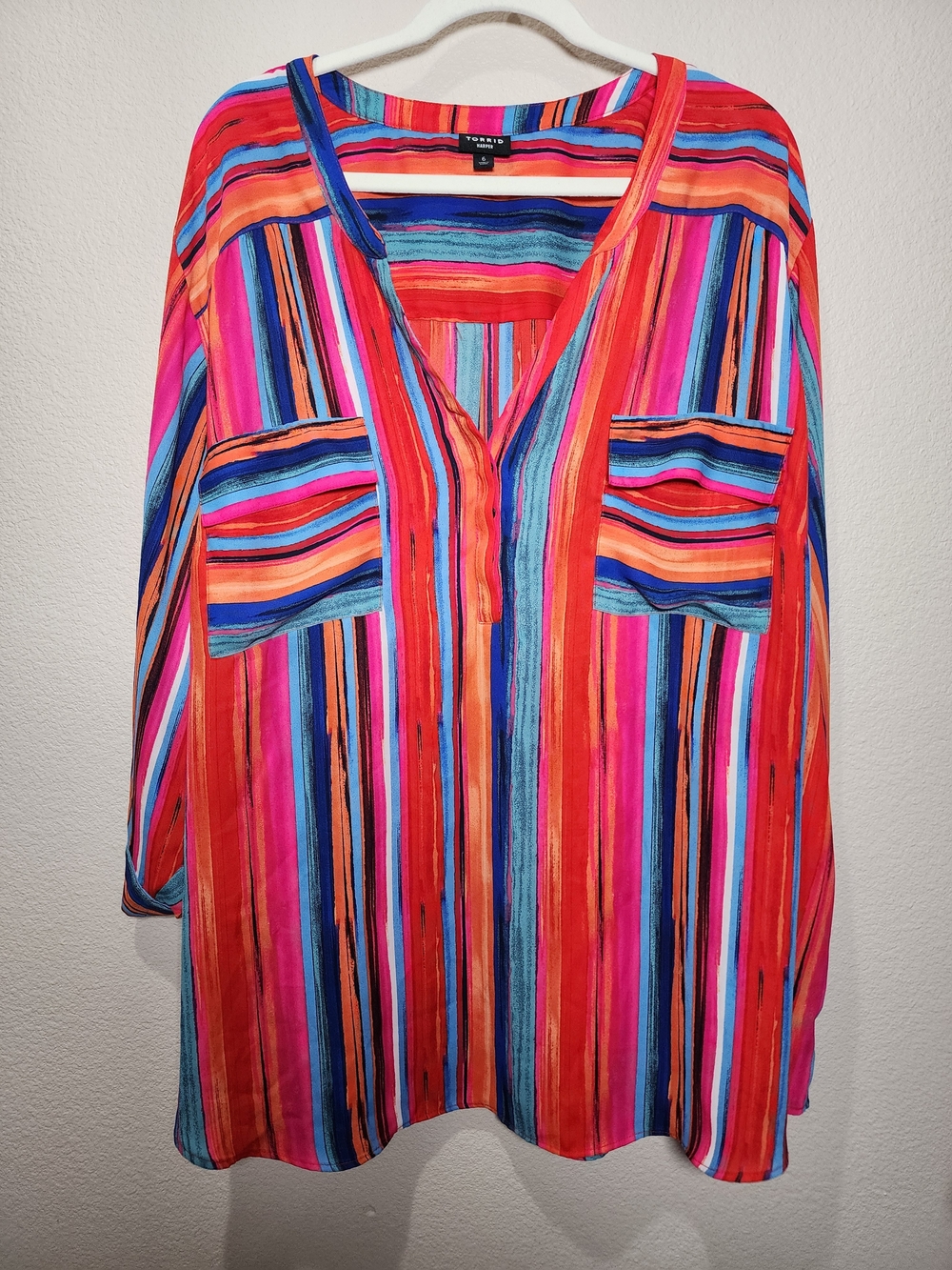 Vibrant Verticle Multi-Stripe V-Neck Button Flowy Blouse Torrid Plus Size